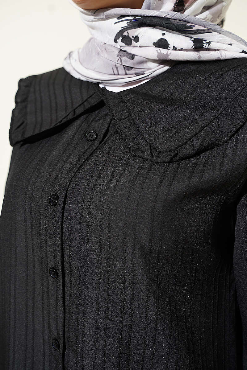 Textured Stripe Shirt with Peter Pan Collar - Black
