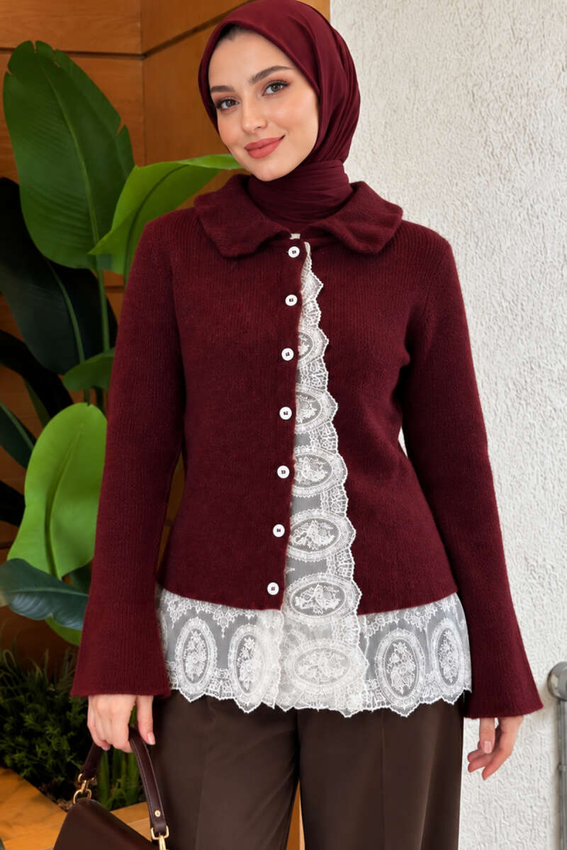 Peter Pan Collar Knit Cardigan with Lace - Burgundy