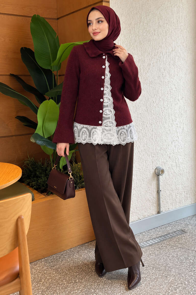Peter Pan Collar Knit Cardigan with Lace - Burgundy
