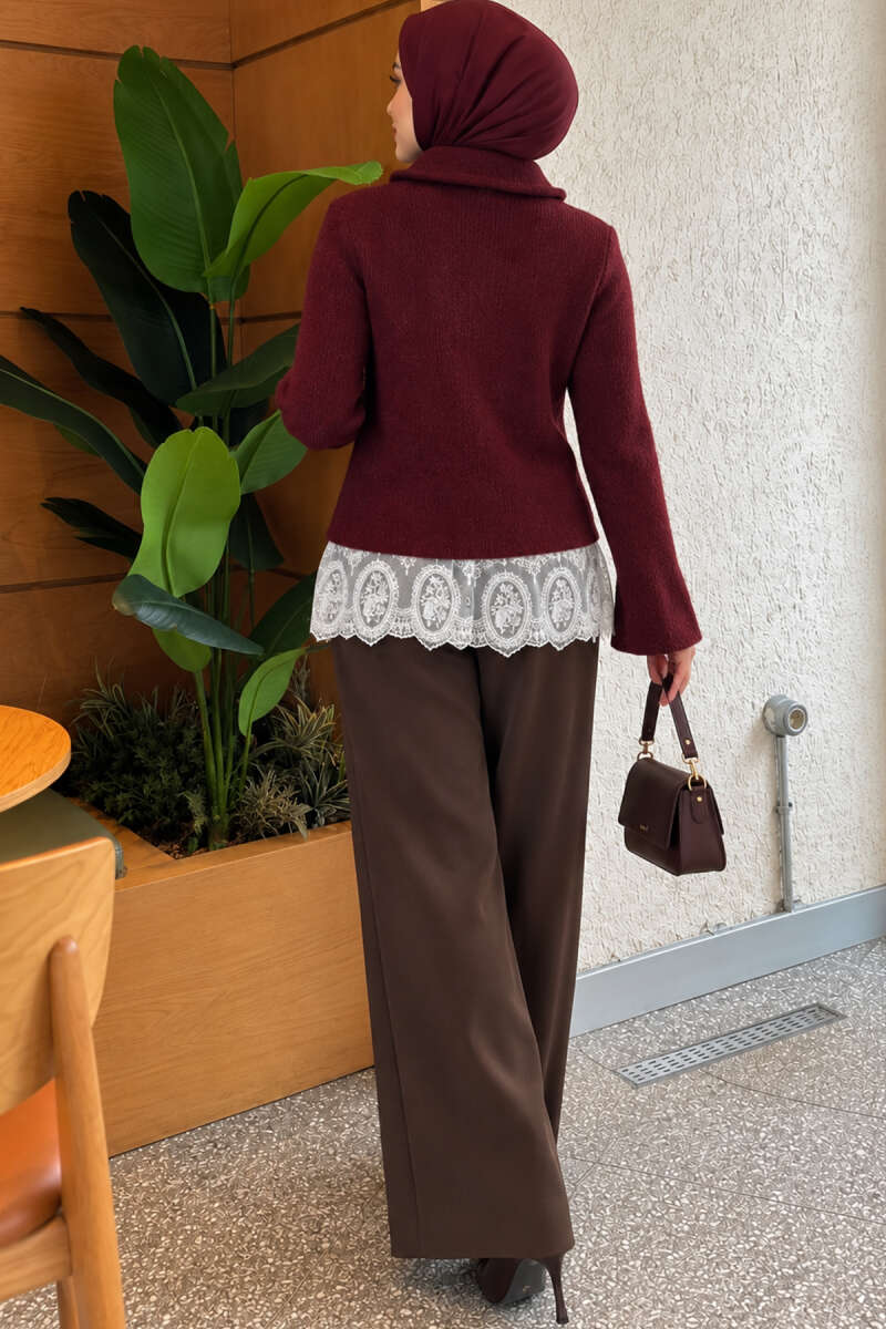 Peter Pan Collar Knit Cardigan with Lace - Burgundy