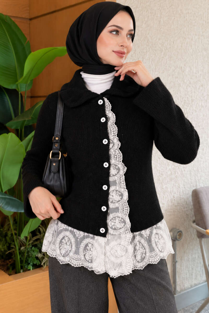 Peter Pan Collar Knit Cardigan with Lace - Black