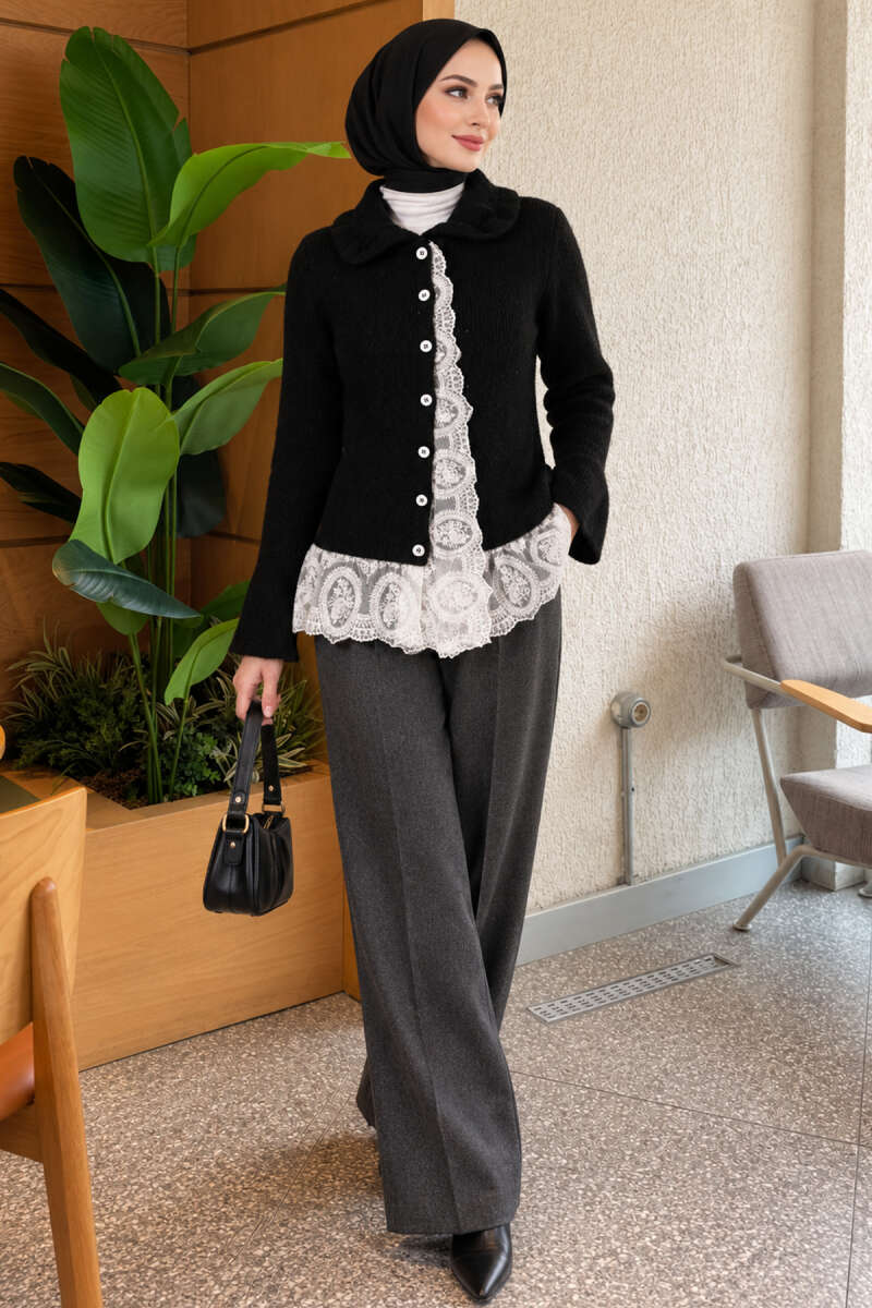 Peter Pan Collar Knit Cardigan with Lace - Black