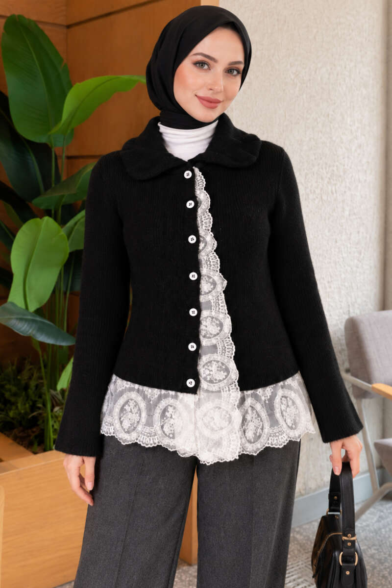 Peter Pan Collar Knit Cardigan with Lace - Black