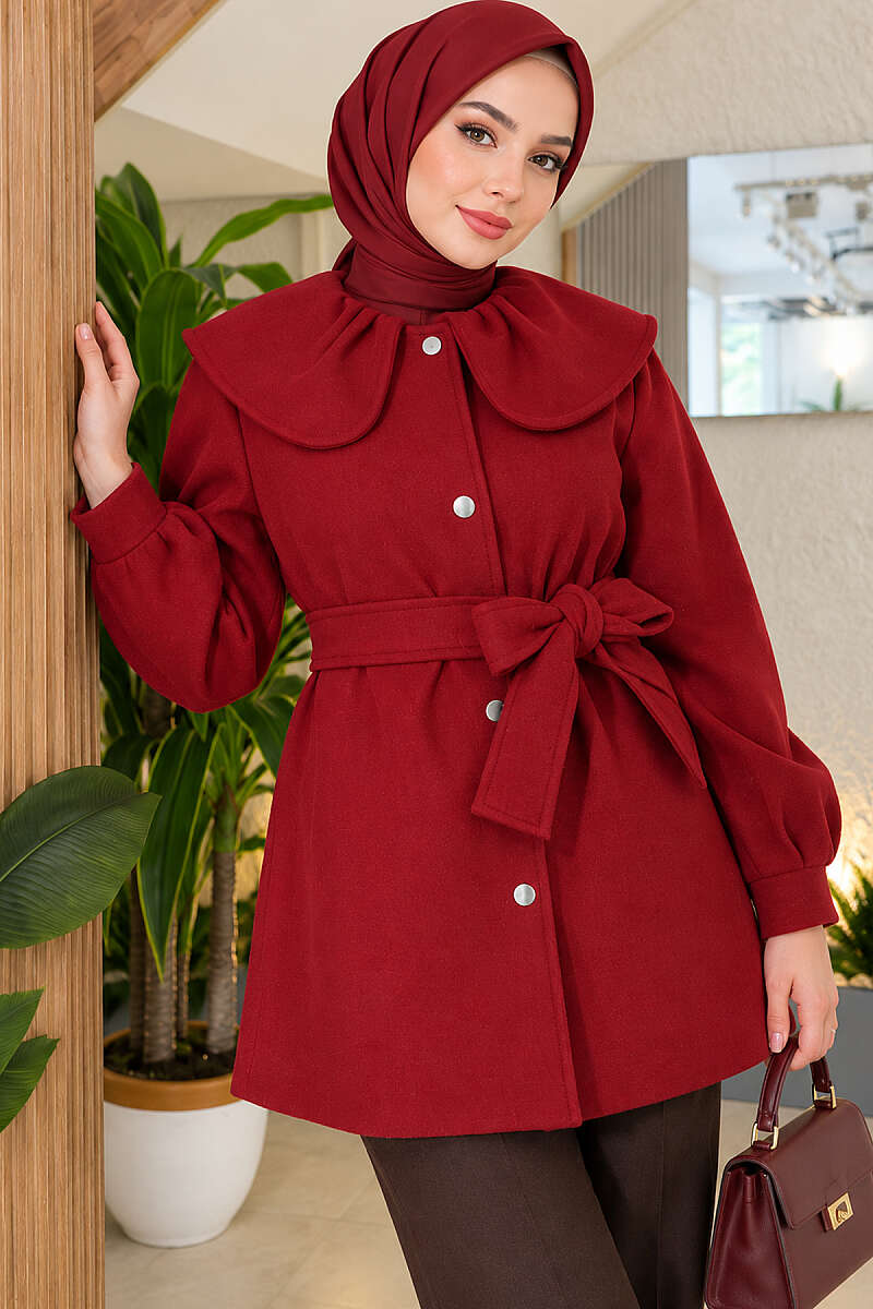Felt Coat with Peter Pan Collar - Burgundy