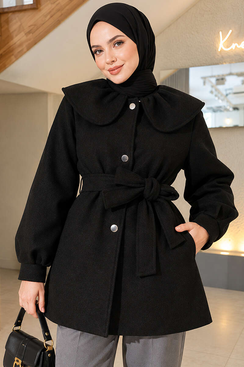 Felt Coat with Peter Pan Collar - Black
