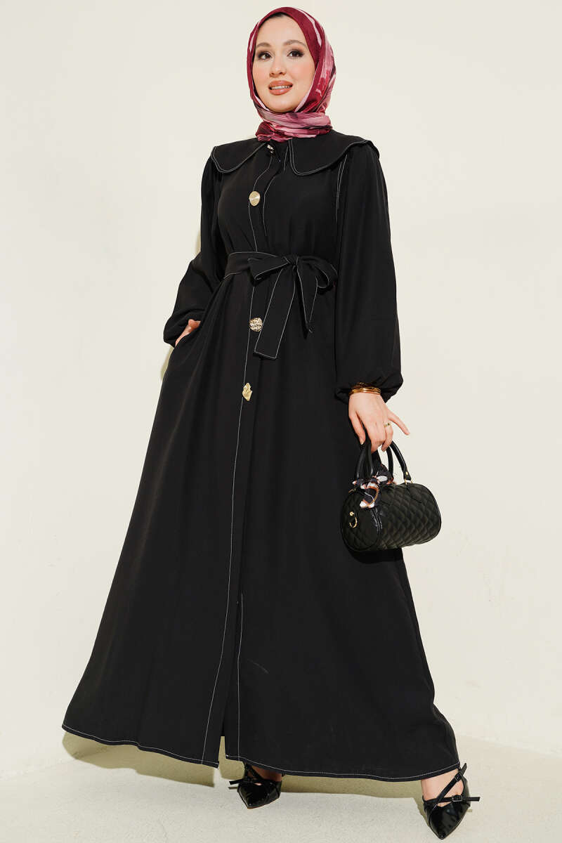 Peter Pan Collar Dress with Stitch Detail - Black