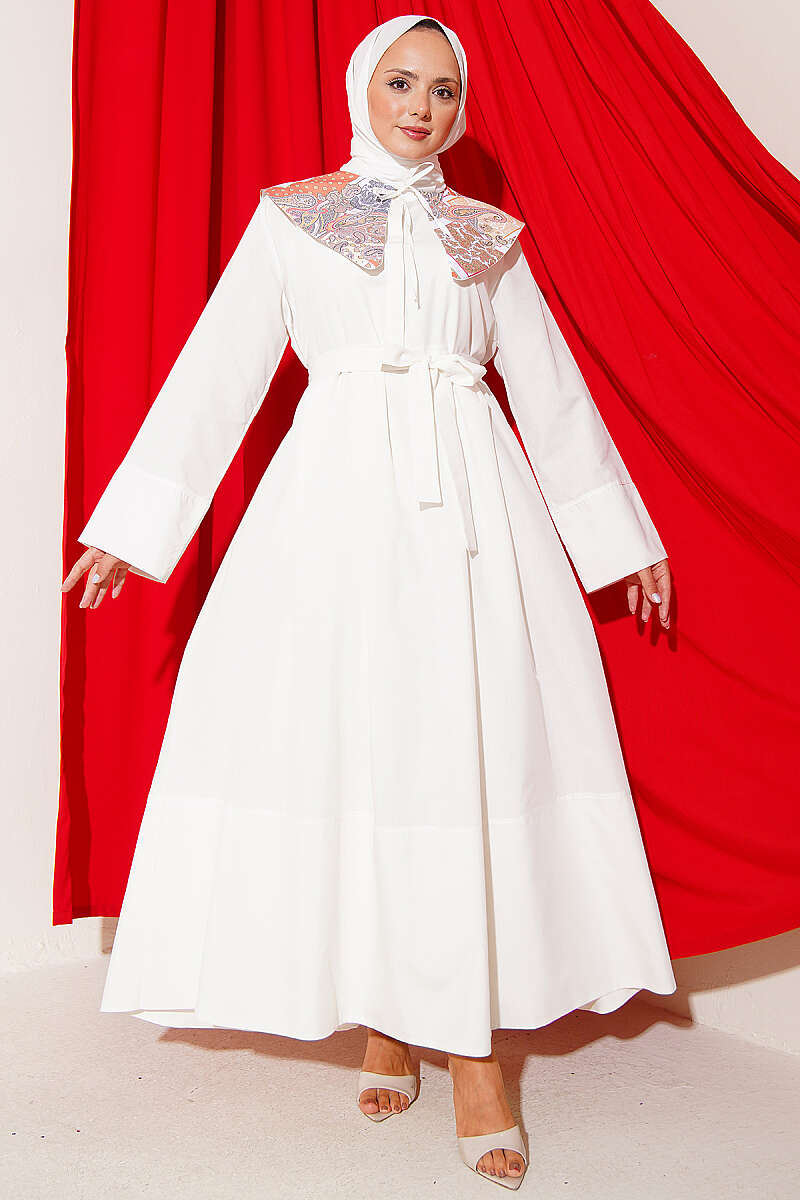 Belted Lined Dress with Peter Pan Collar - Ecru