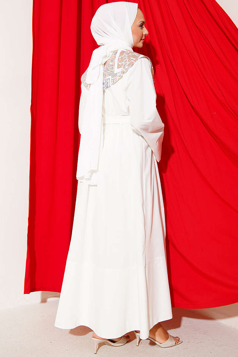 Belted Lined Dress with Peter Pan Collar - Ecru