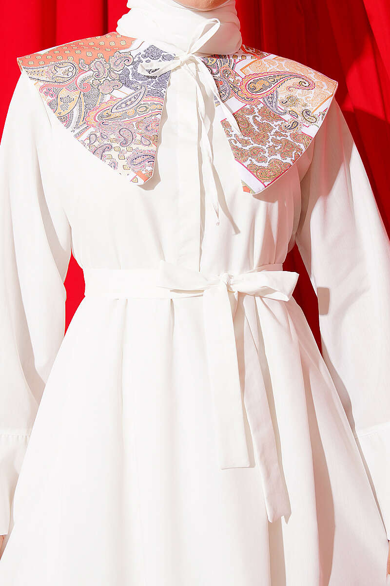 Belted Lined Dress with Peter Pan Collar - Ecru