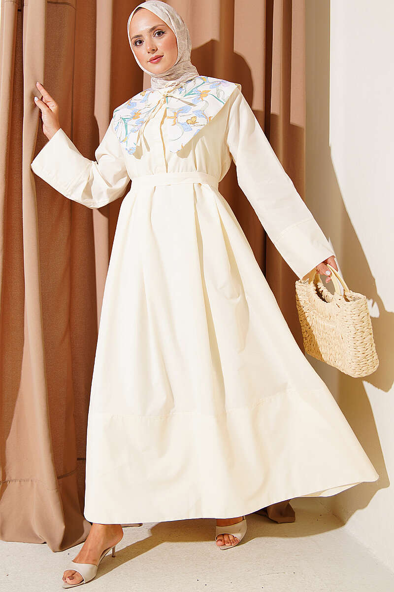 Belted Lined Dress with Peter Pan Collar - Yellow