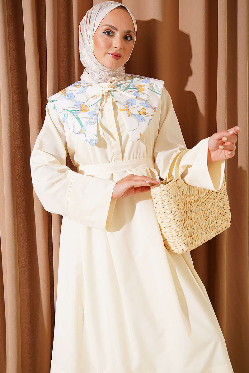 Belted Lined Dress with Peter Pan Collar - Yellow