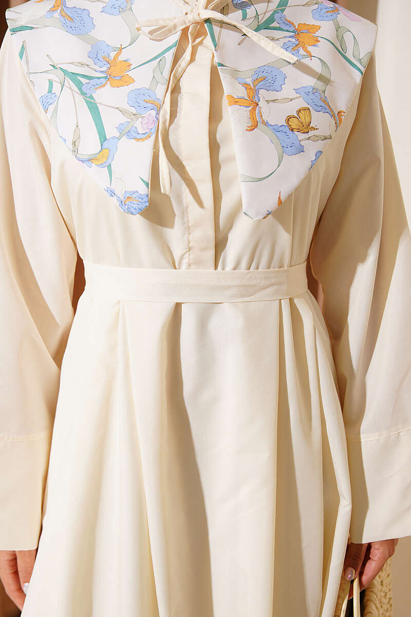 Belted Lined Dress with Peter Pan Collar - Yellow