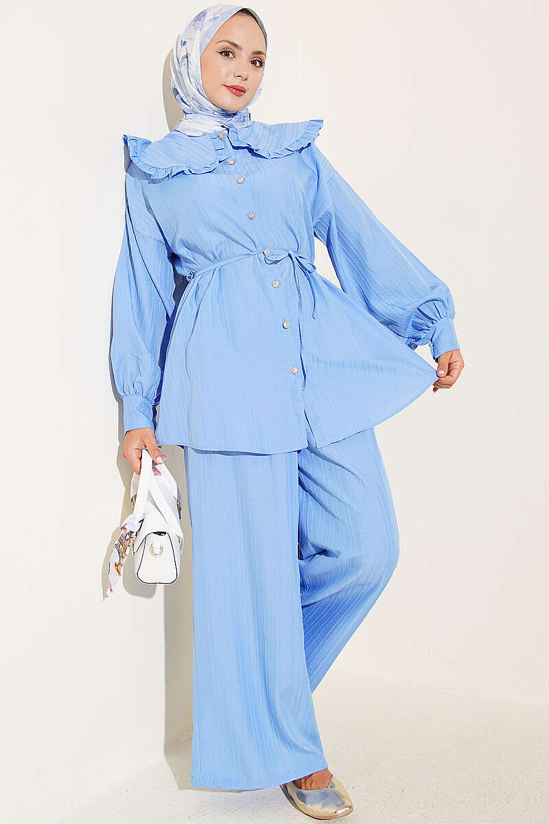 Two-Piece Set with Peter Pan Collar and Tie Cord - Blue