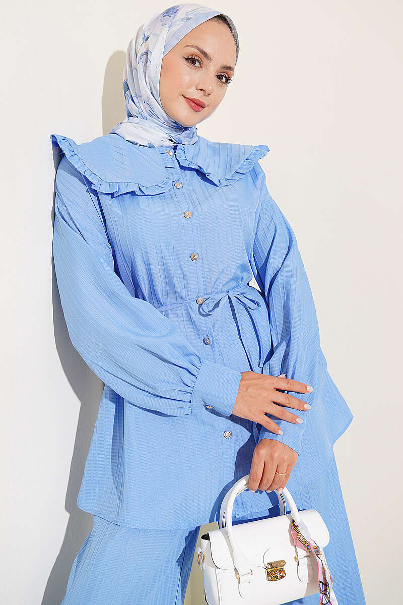 Two-Piece Set with Peter Pan Collar and Tie Cord - Blue