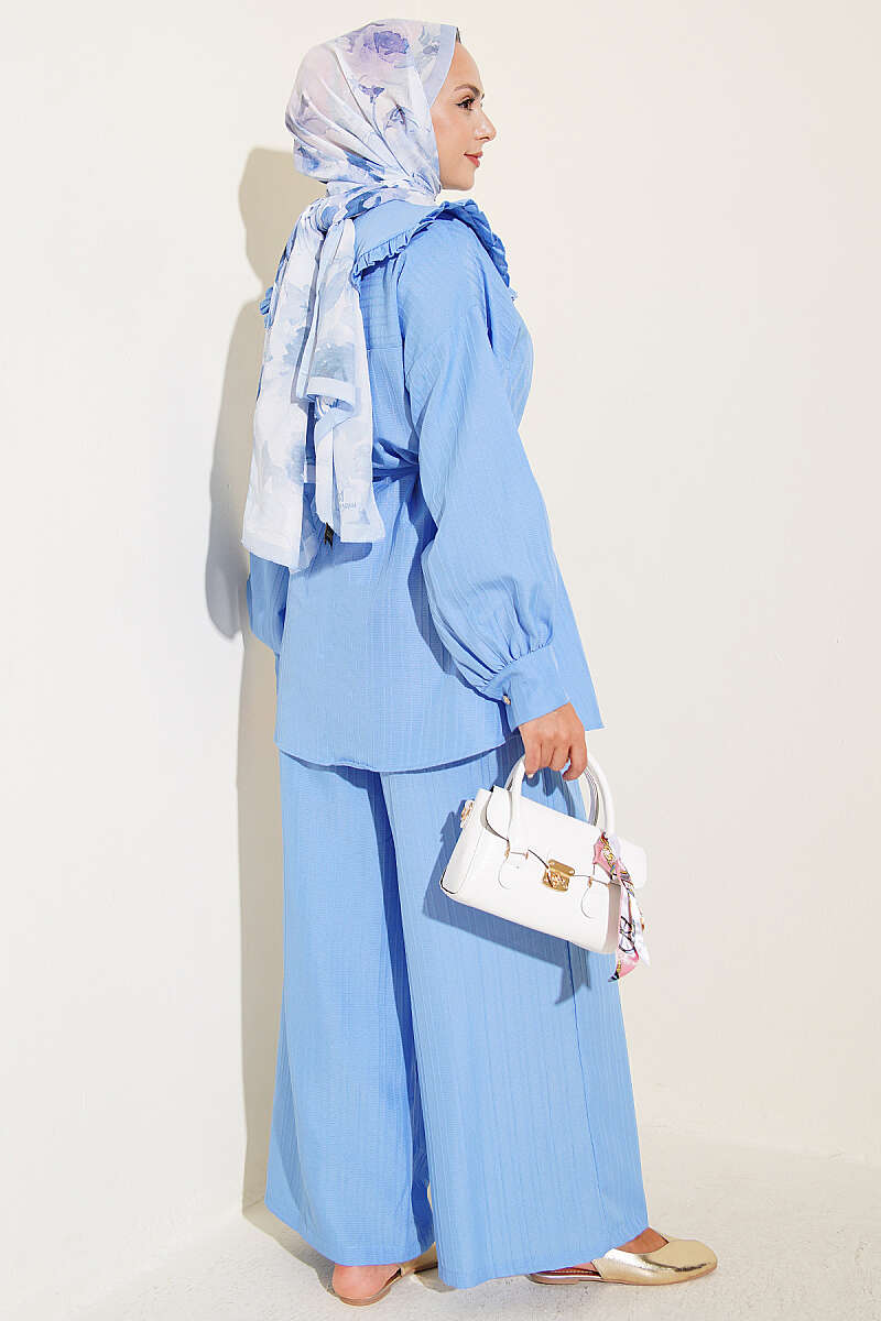 Two-Piece Set with Peter Pan Collar and Tie Cord - Blue
