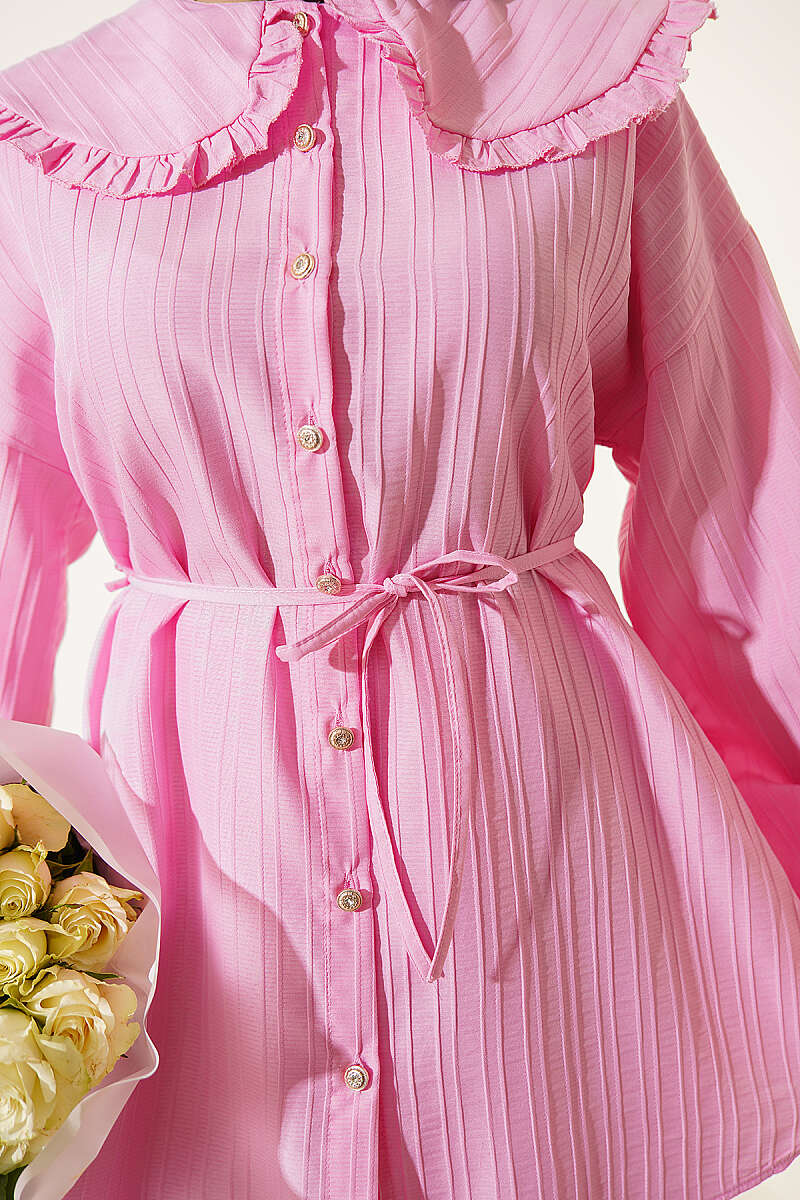 Two-Piece Set with Peter Pan Collar and Tie Cord - Pink