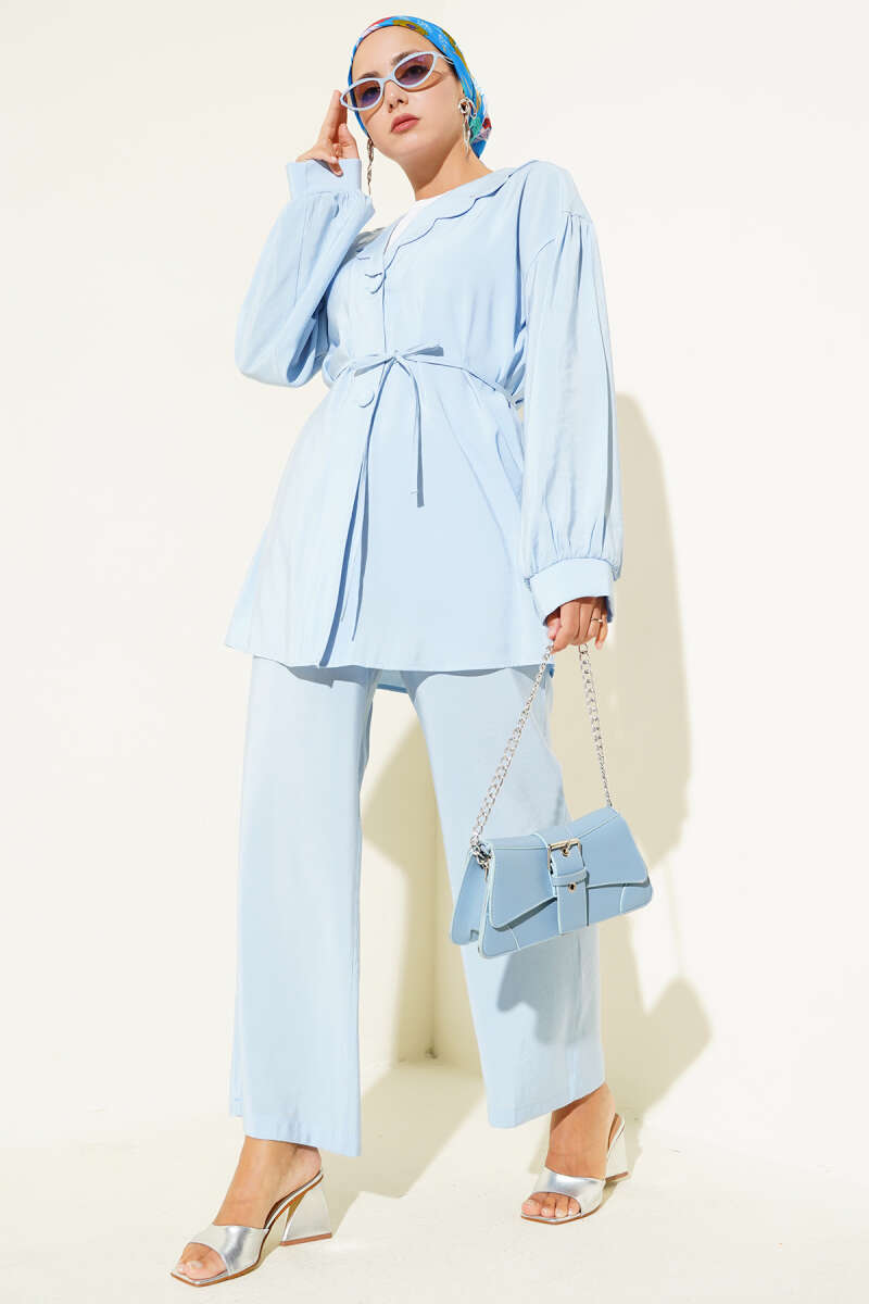Peter Pan Collar Two-Piece Set with Tie Belt - Blue