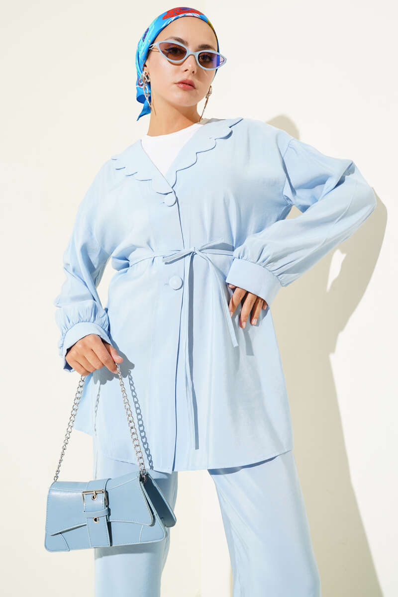 Peter Pan Collar Two-Piece Set with Tie Belt - Blue