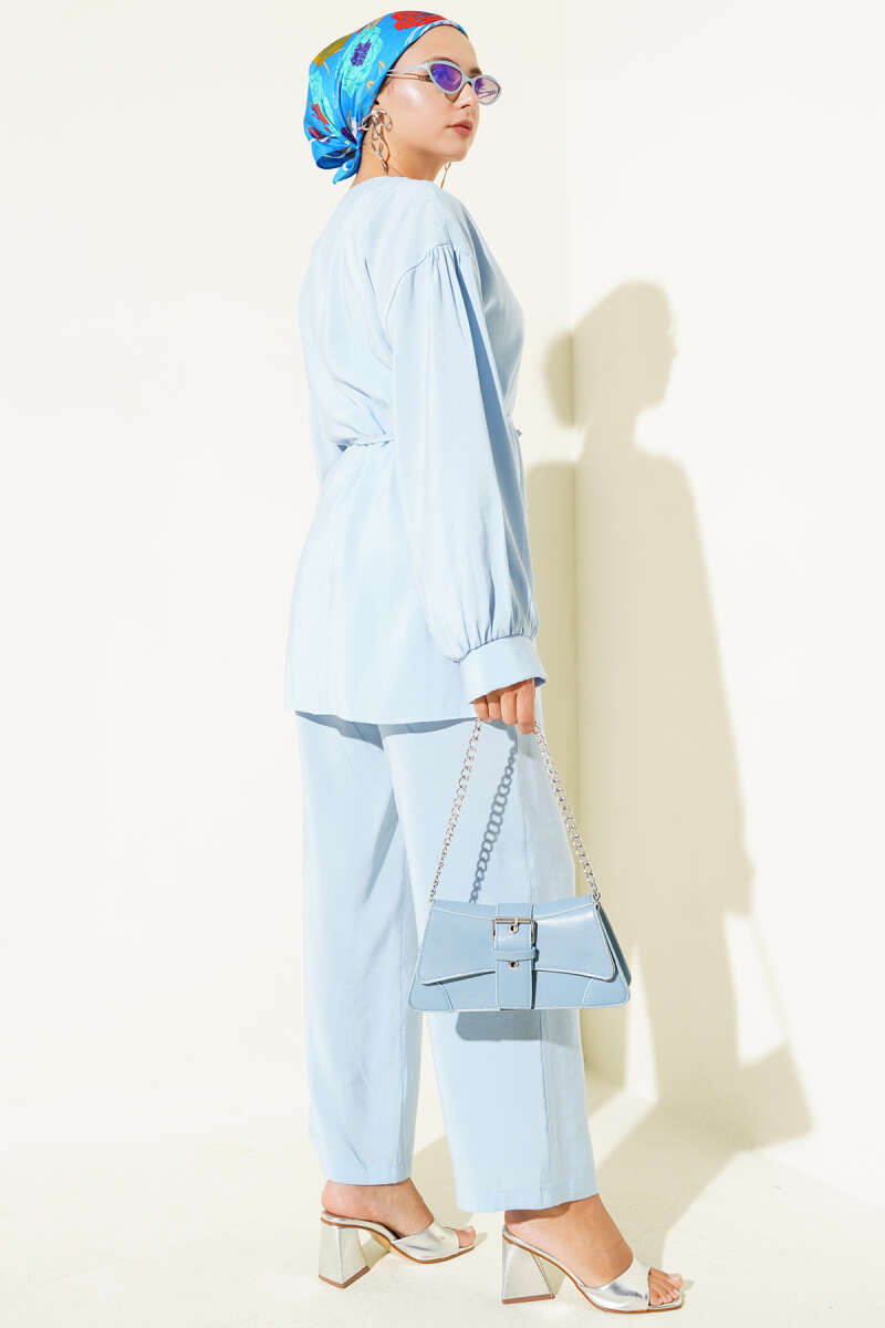Peter Pan Collar Two-Piece Set with Tie Belt - Blue