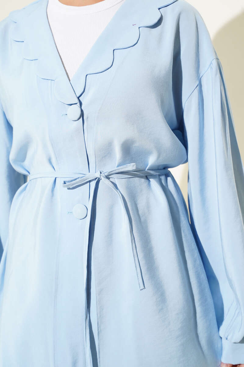 Peter Pan Collar Two-Piece Set with Tie Belt - Blue
