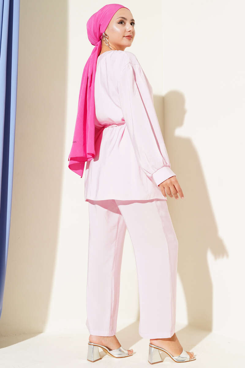 Peter Pan Collar Two-Piece Set with Tie Belt - Pink