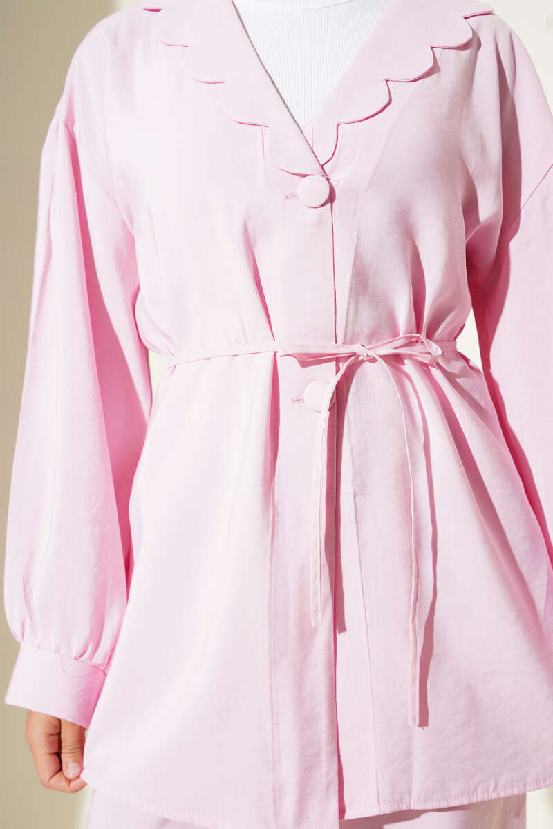 Peter Pan Collar Two-Piece Set with Tie Belt - Pink