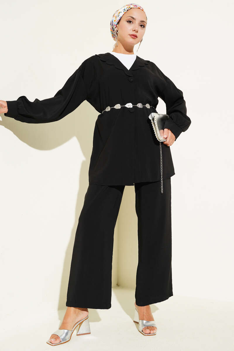 Peter Pan Collar Two-Piece Set with Tie Belt - Black