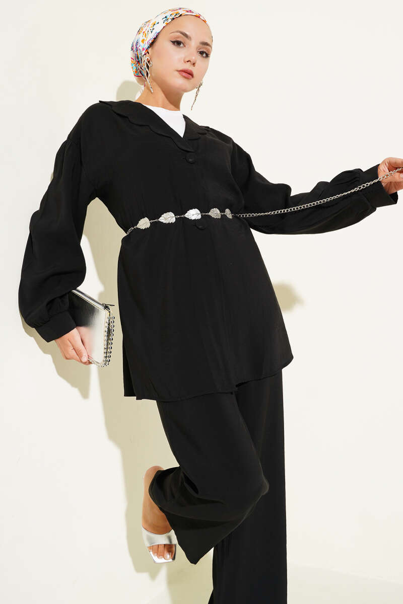 Peter Pan Collar Two-Piece Set with Tie Belt - Black