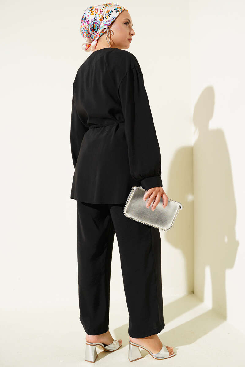 Peter Pan Collar Two-Piece Set with Tie Belt - Black