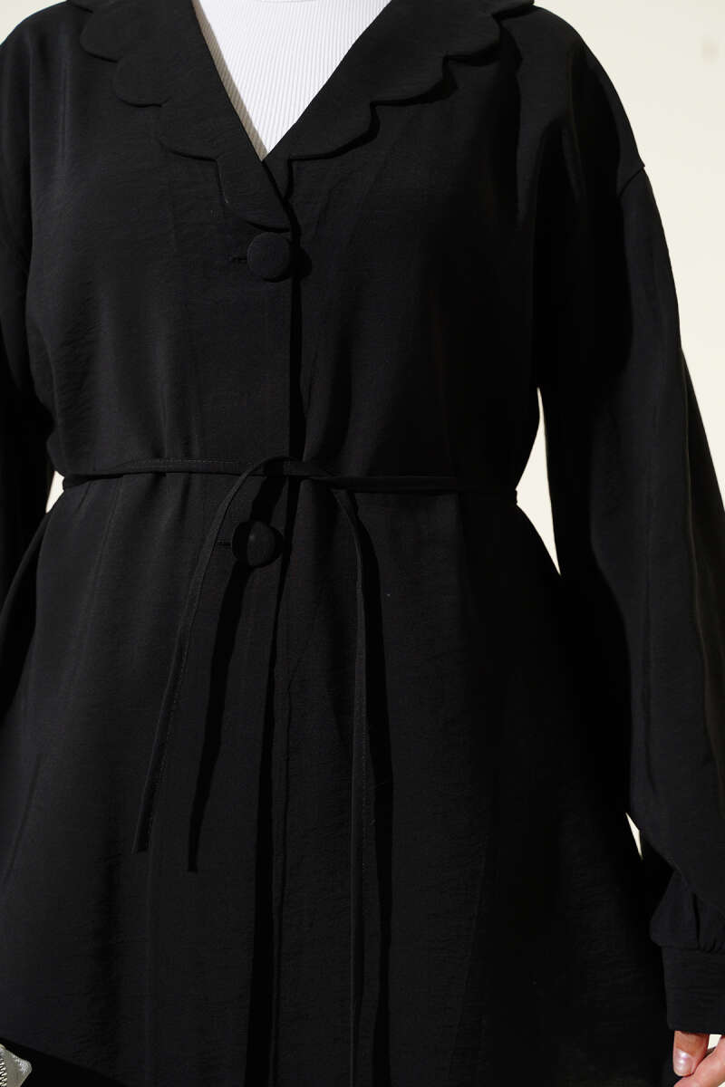 Peter Pan Collar Two-Piece Set with Tie Belt - Black
