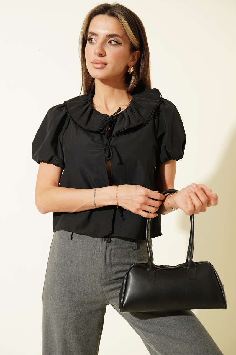Short-Sleeve Peter Pan Collar Blouse with Ties - Black