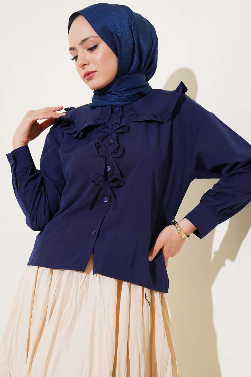 Peter Pan Collar Shirt with Ribbon - Navy
