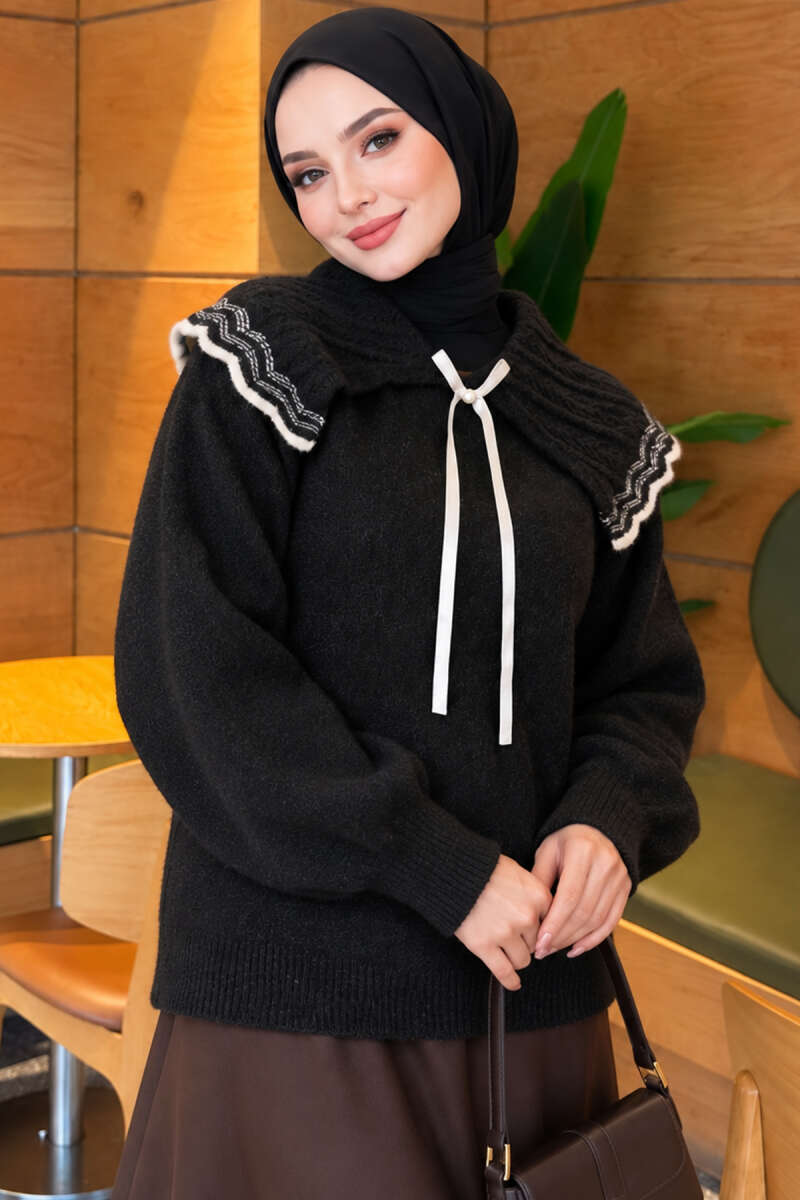 Peter Pan Collar Knit Sweater with Ribbon - Charcoal