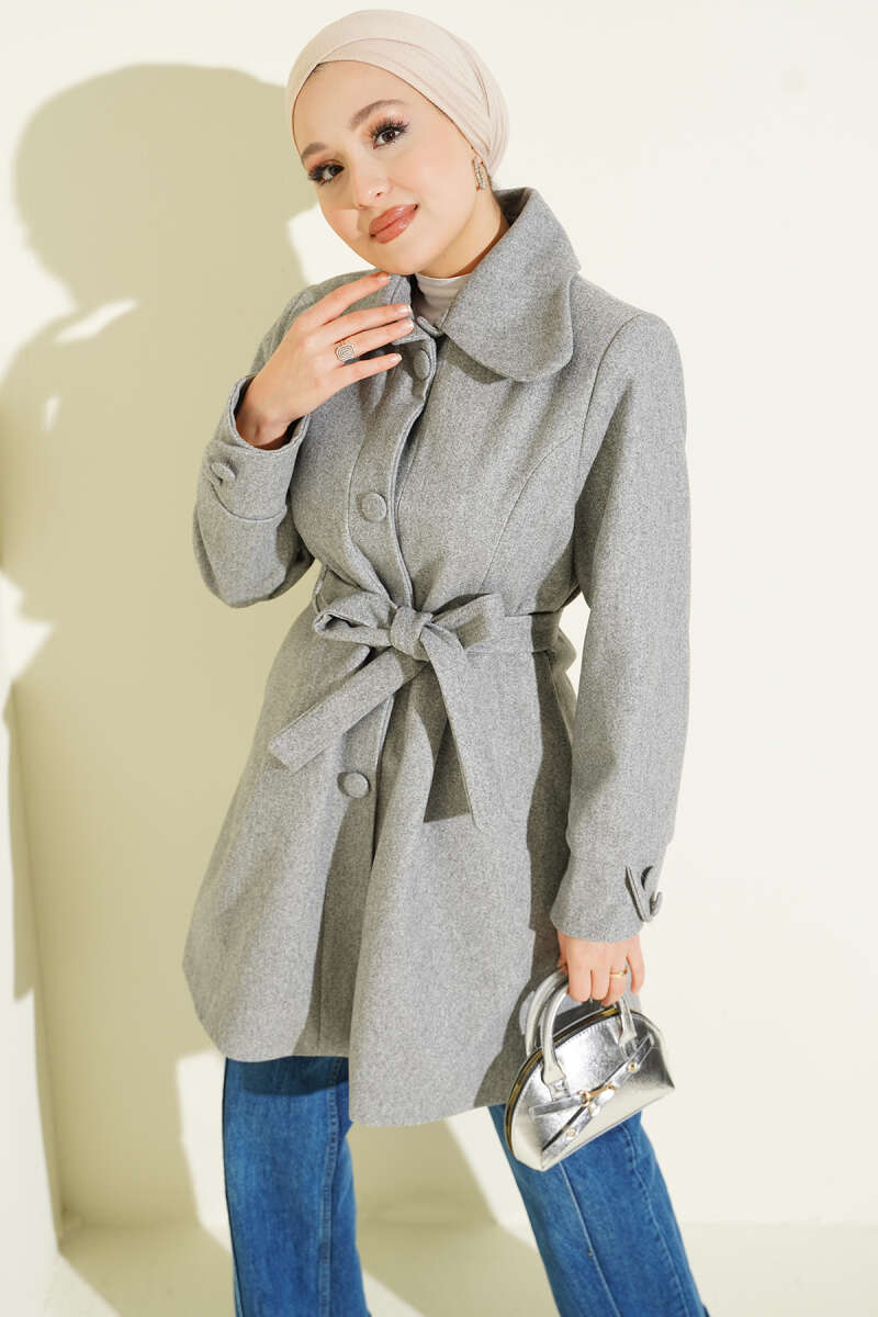 Belted Peter Pan Collar Felt Coat - Grey