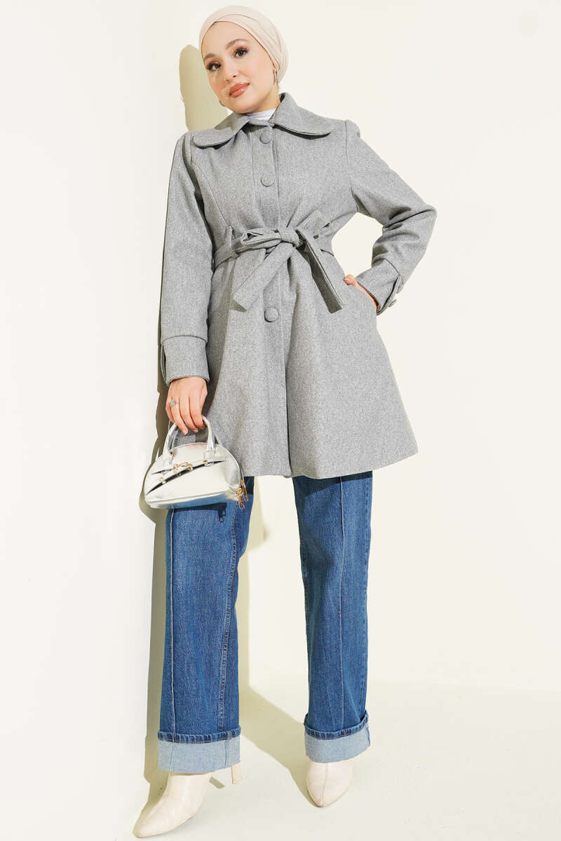 Belted Peter Pan Collar Felt Coat - Grey