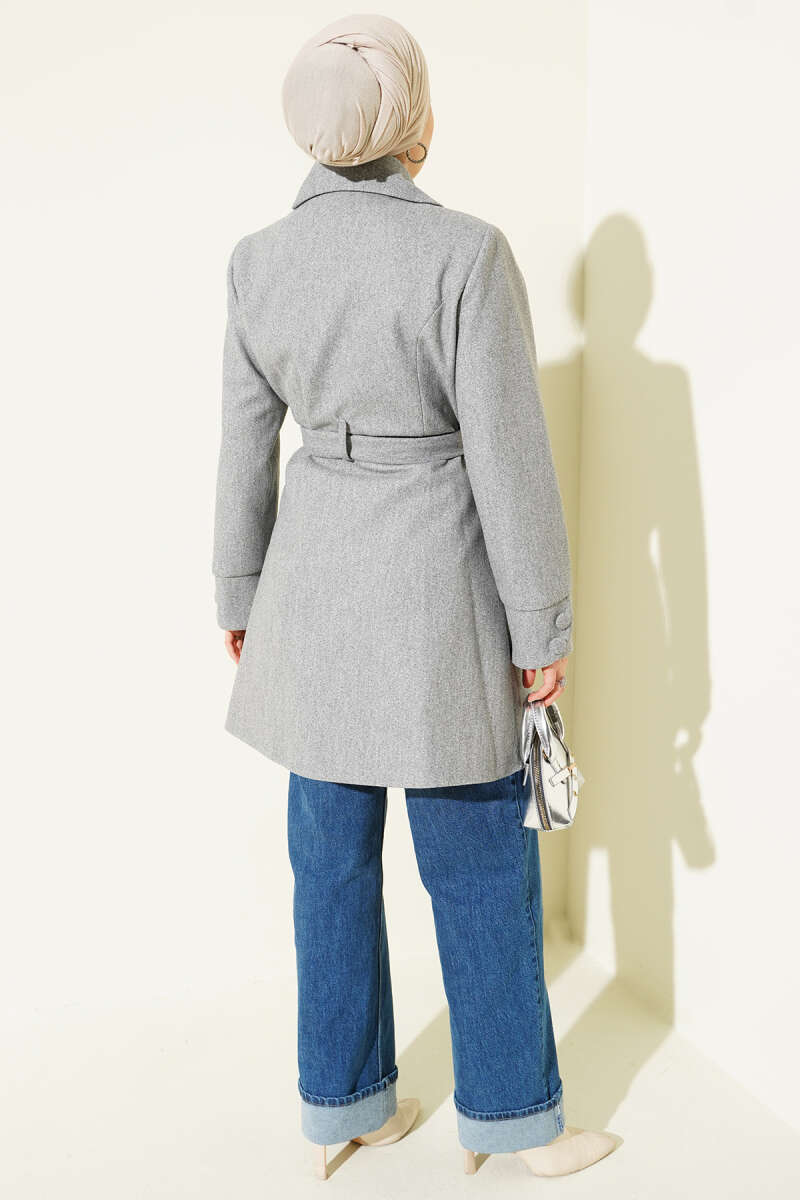 Belted Peter Pan Collar Felt Coat - Grey