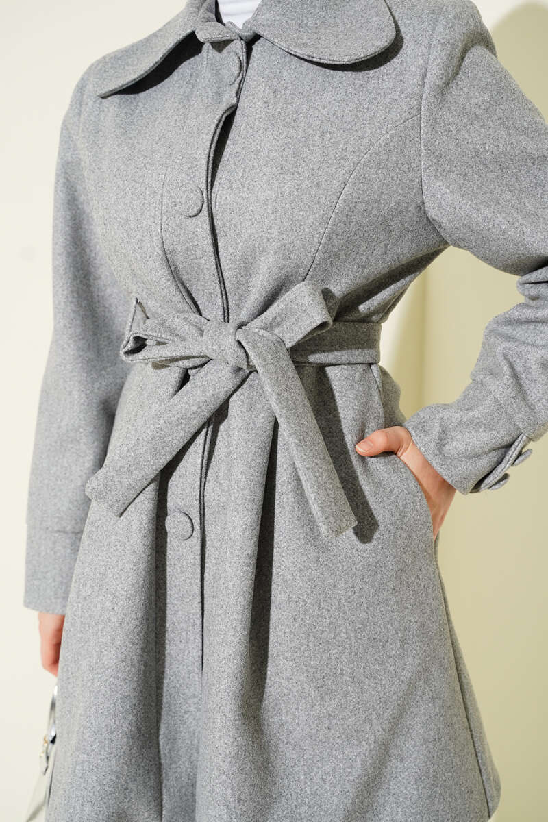 Belted Peter Pan Collar Felt Coat - Grey