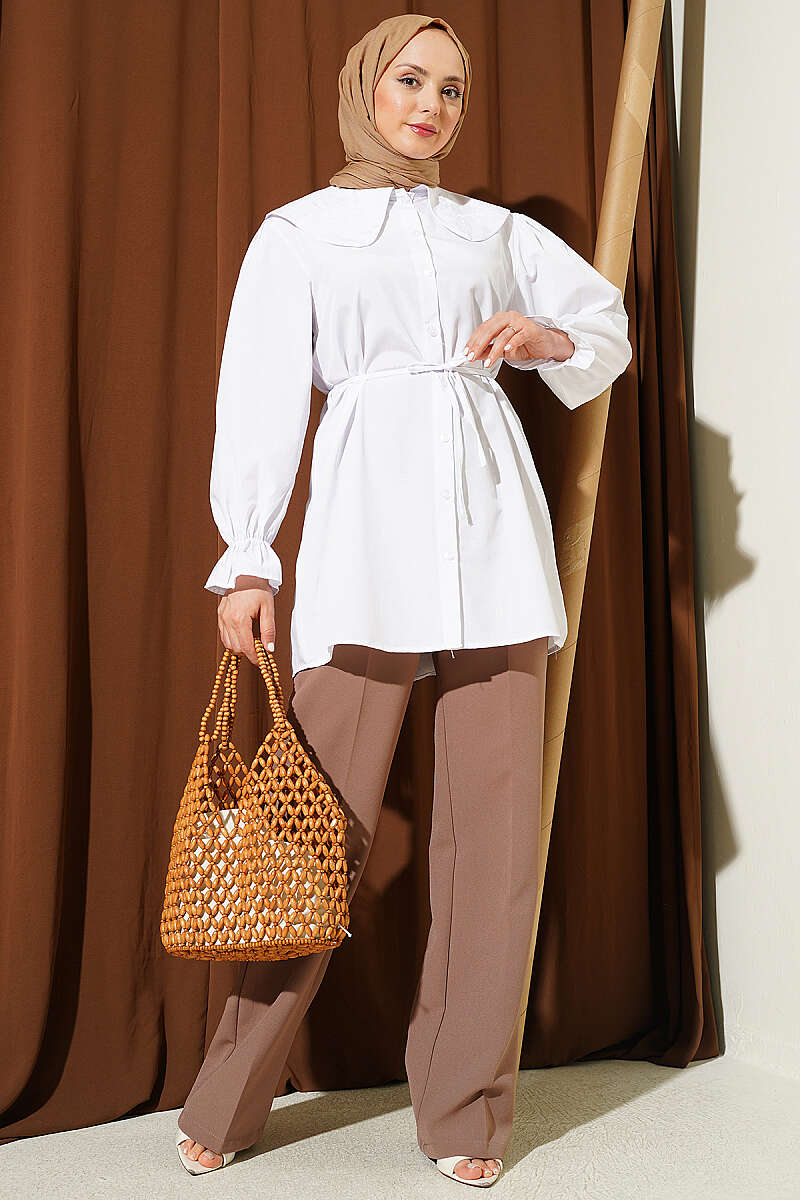 Embroidered Peter Pan Collar Shirt with Ties - White
