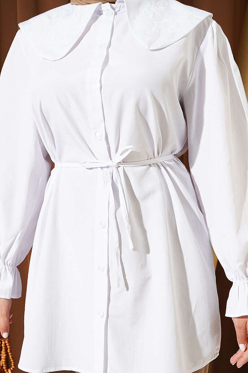 Embroidered Peter Pan Collar Shirt with Ties - White