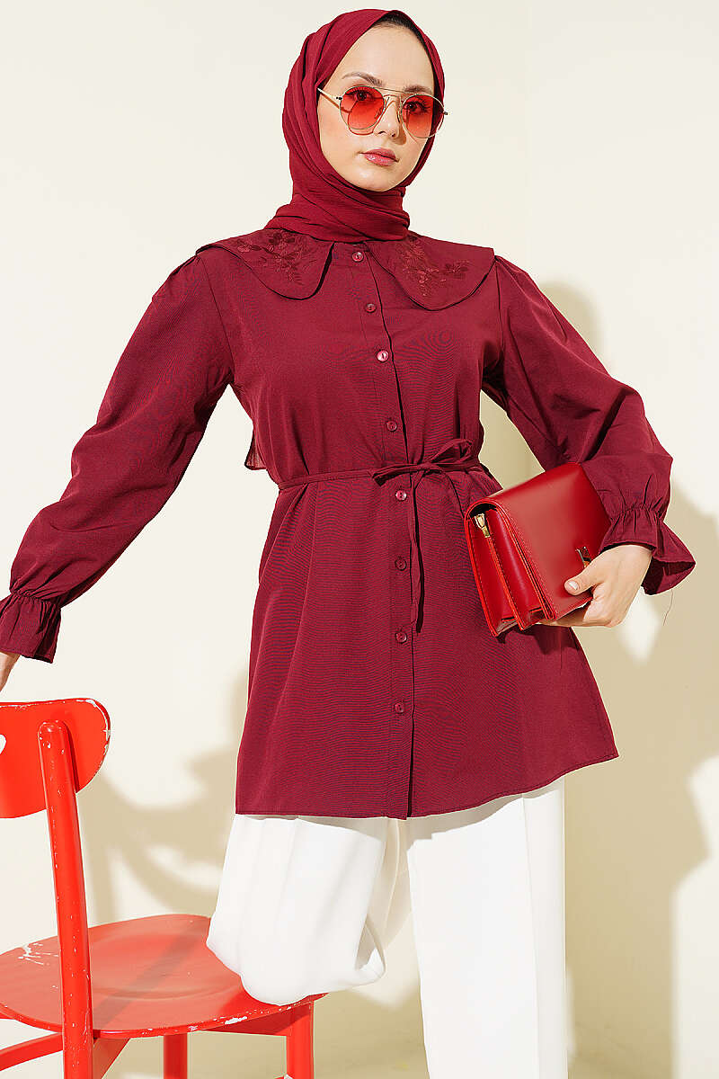 Embroidered Peter Pan Collar Shirt with Ties - Burgundy