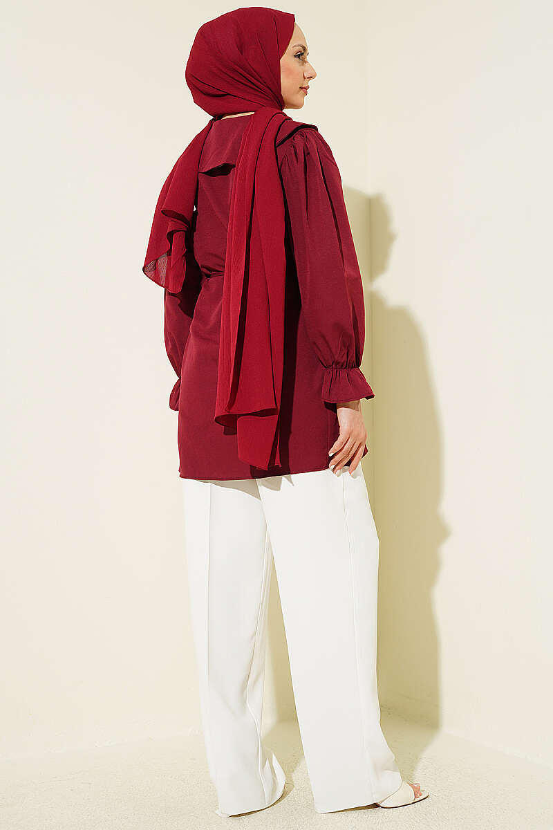 Embroidered Peter Pan Collar Shirt with Ties - Burgundy