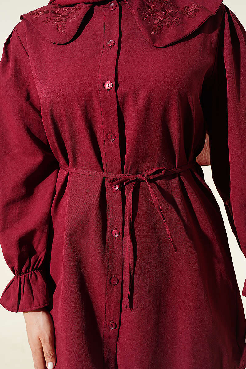 Embroidered Peter Pan Collar Shirt with Ties - Burgundy