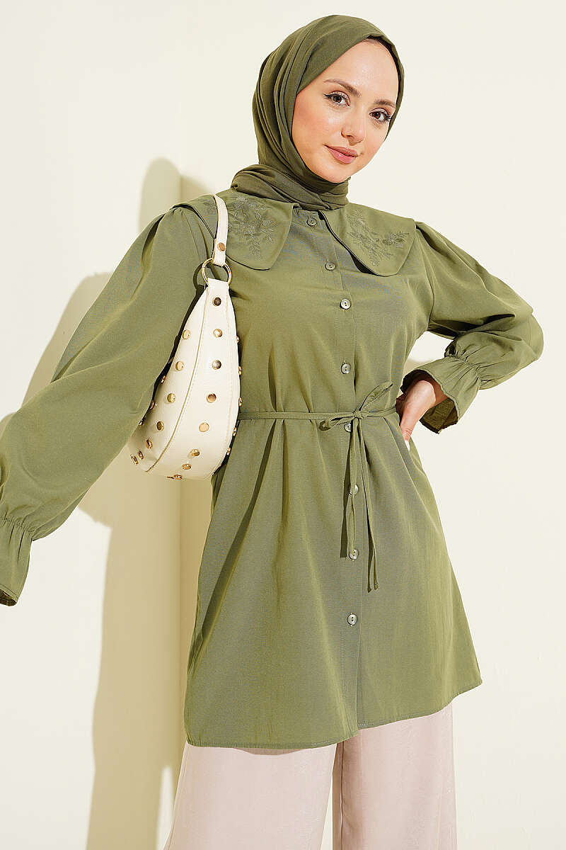 Embroidered Peter Pan Collar Shirt with Ties - Khaki