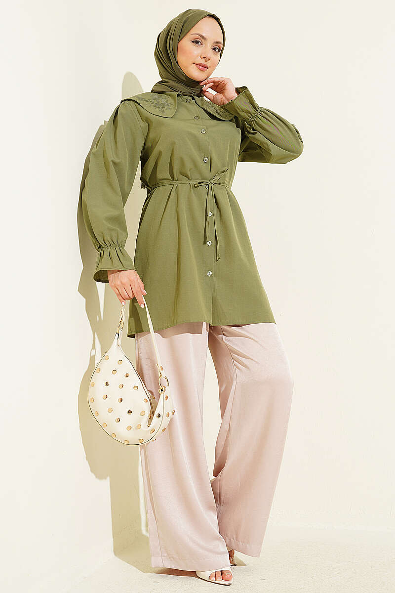 Embroidered Peter Pan Collar Shirt with Ties - Khaki