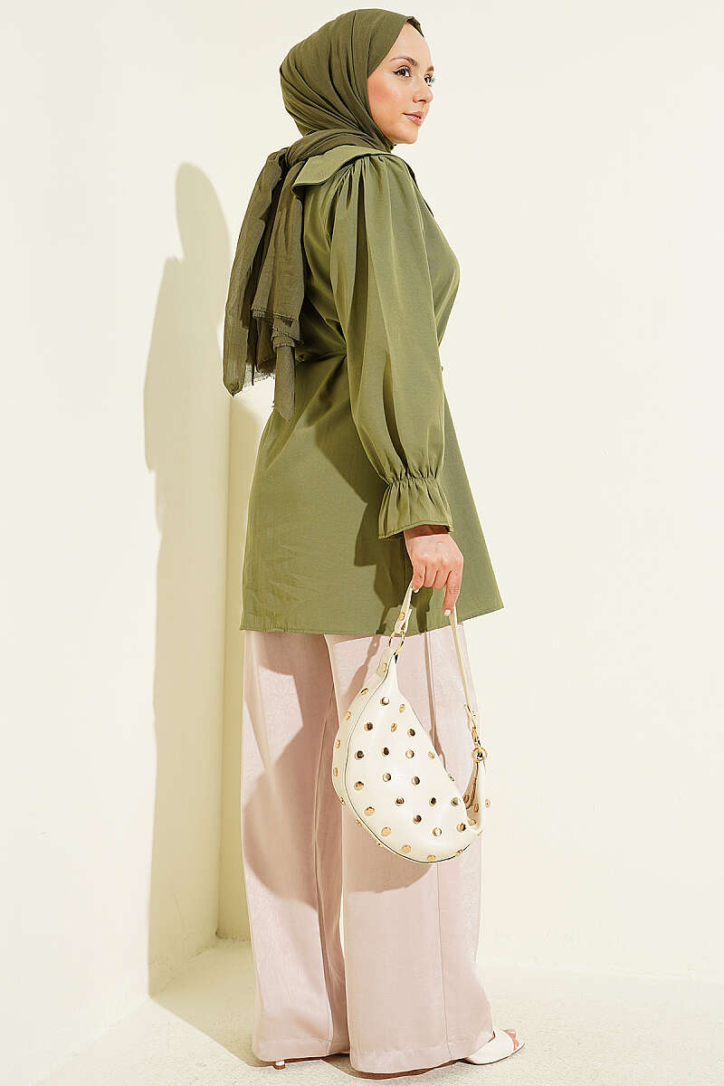 Embroidered Peter Pan Collar Shirt with Ties - Khaki