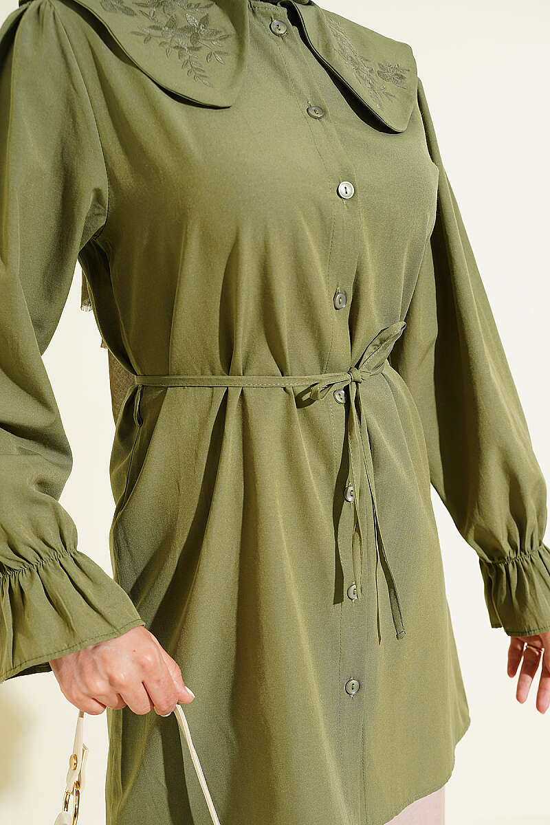 Embroidered Peter Pan Collar Shirt with Ties - Khaki