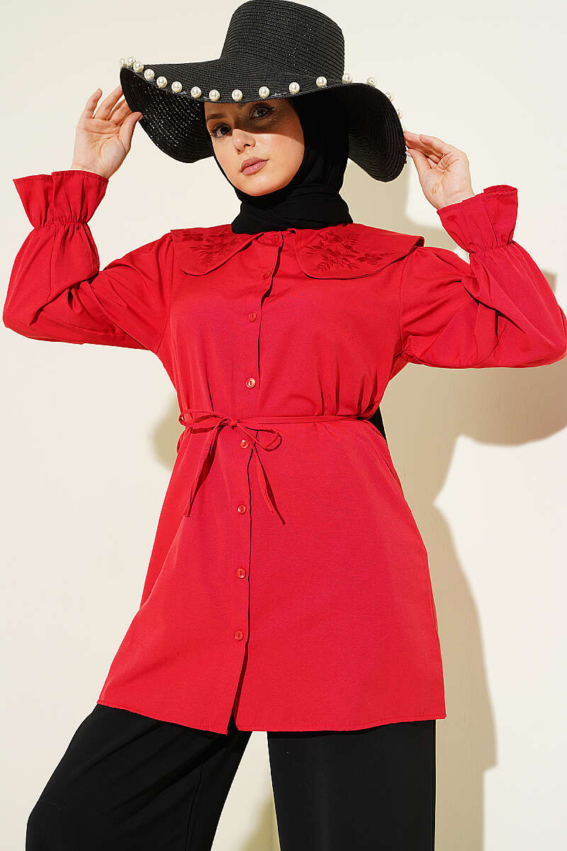 Embroidered Peter Pan Collar Shirt with Ties - Red