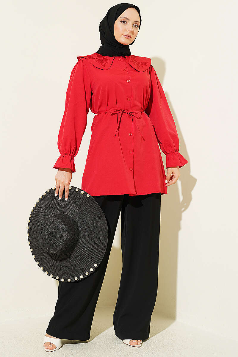 Embroidered Peter Pan Collar Shirt with Ties - Red