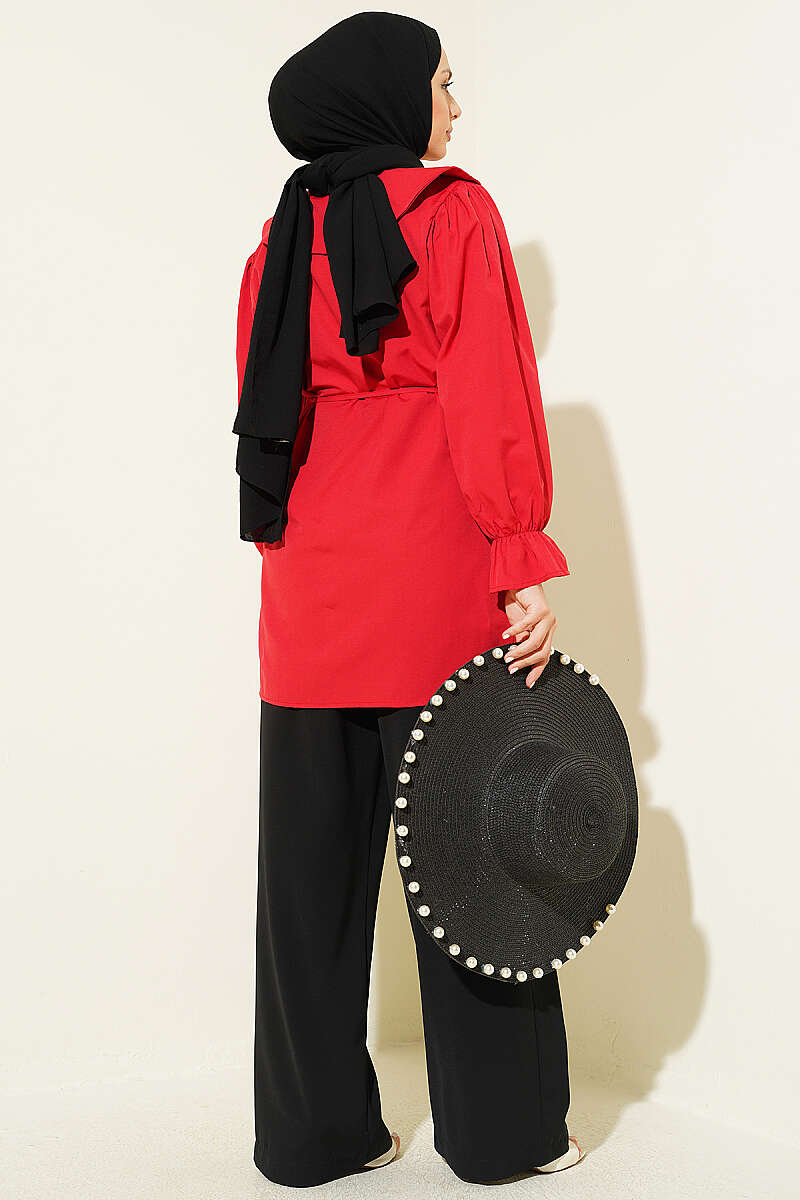 Embroidered Peter Pan Collar Shirt with Ties - Red