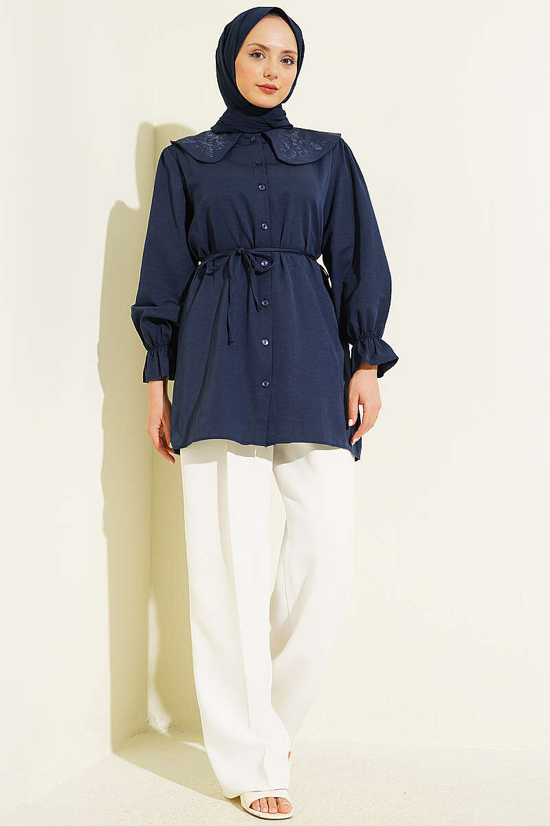 Embroidered Peter Pan Collar Shirt with Ties - Navy